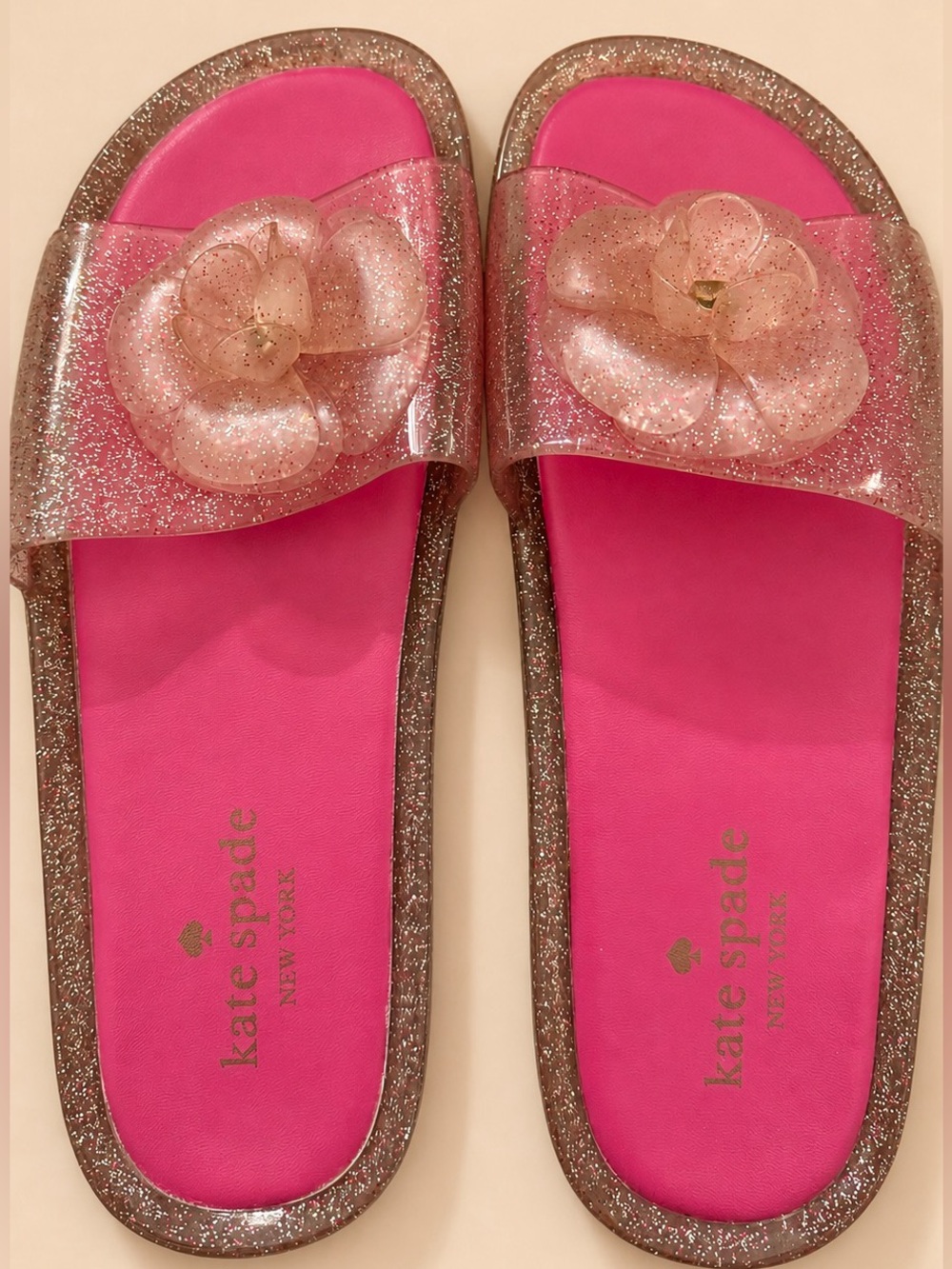 kate spade Glitter Pink Jelly Slide Sandals with Floral Accent